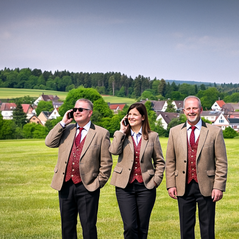 Drei Personen in Anzügen stehen auf einer Wiese, telefonierend, mit ländlicher Kulisse.